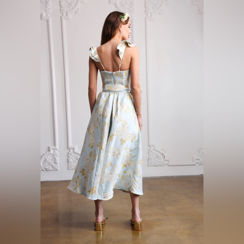 V. Chapman Sky Blue and Gold Floral Midi Dress - Picture 4 of 15
